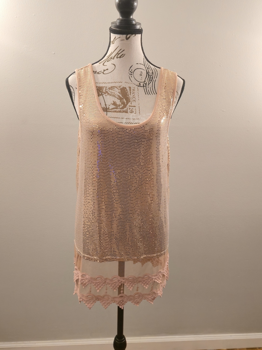 Sequined Lace-Trim Sleeveless Chemise in Blush Pink - Picture 2 of 7